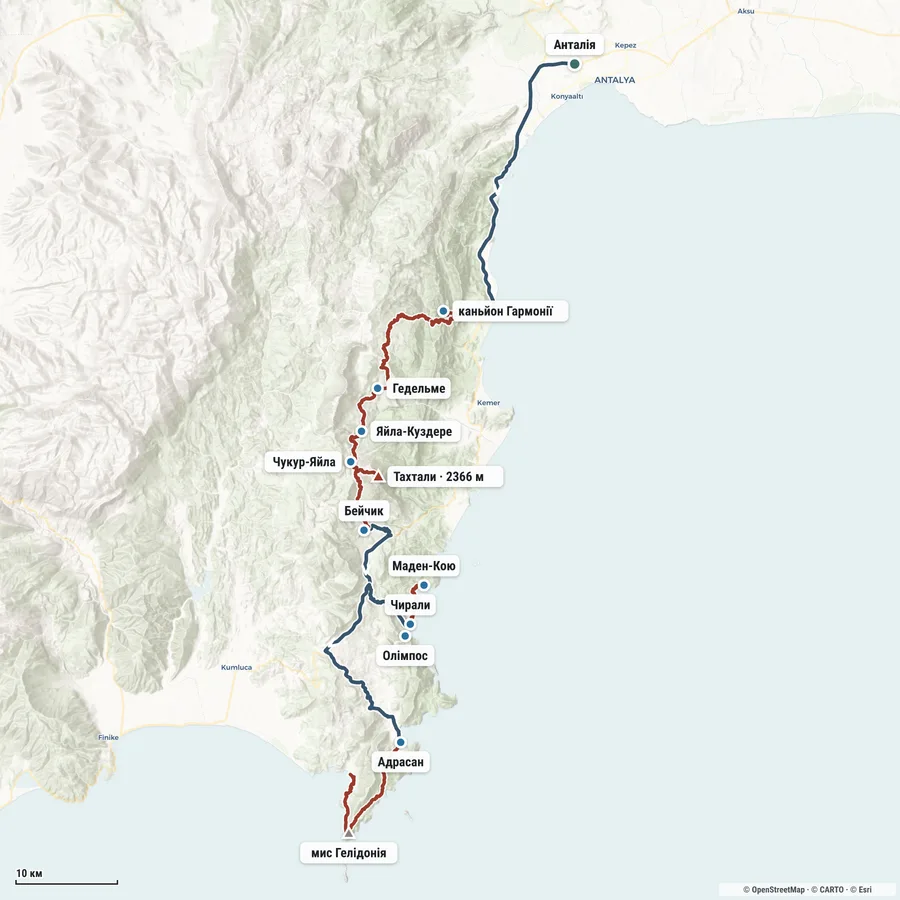 Overview map: transfer and hiking section
